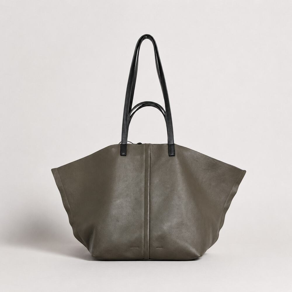 AllSaints Phoenix Green Leather Oversized Tote Bag Double Handles Shoulder Bag